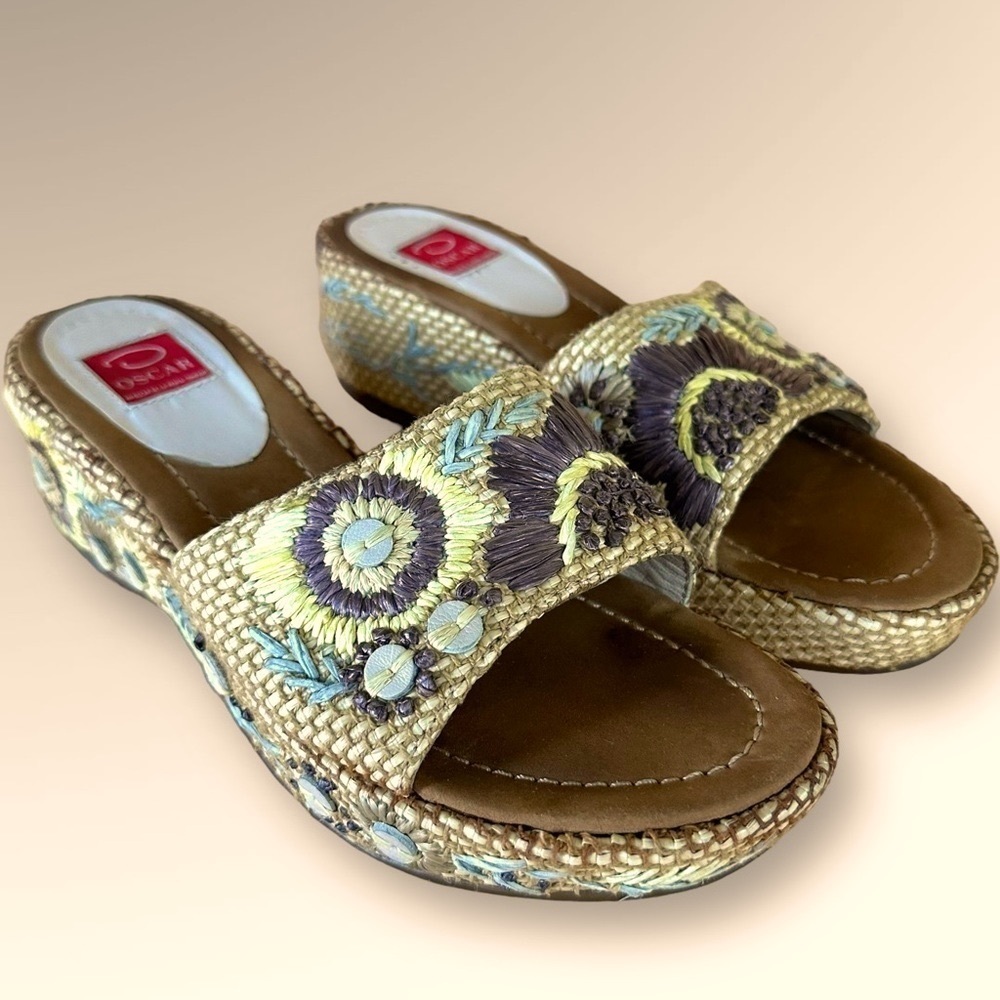 Oscar de la Renta  "Anne" Raffia Woven Embroidered Platform Slides Sandals Sz 7